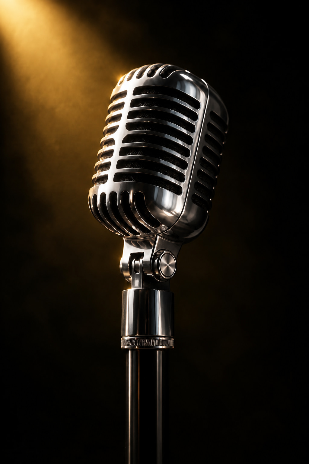 A chrome studio microphone in a golden spotlight