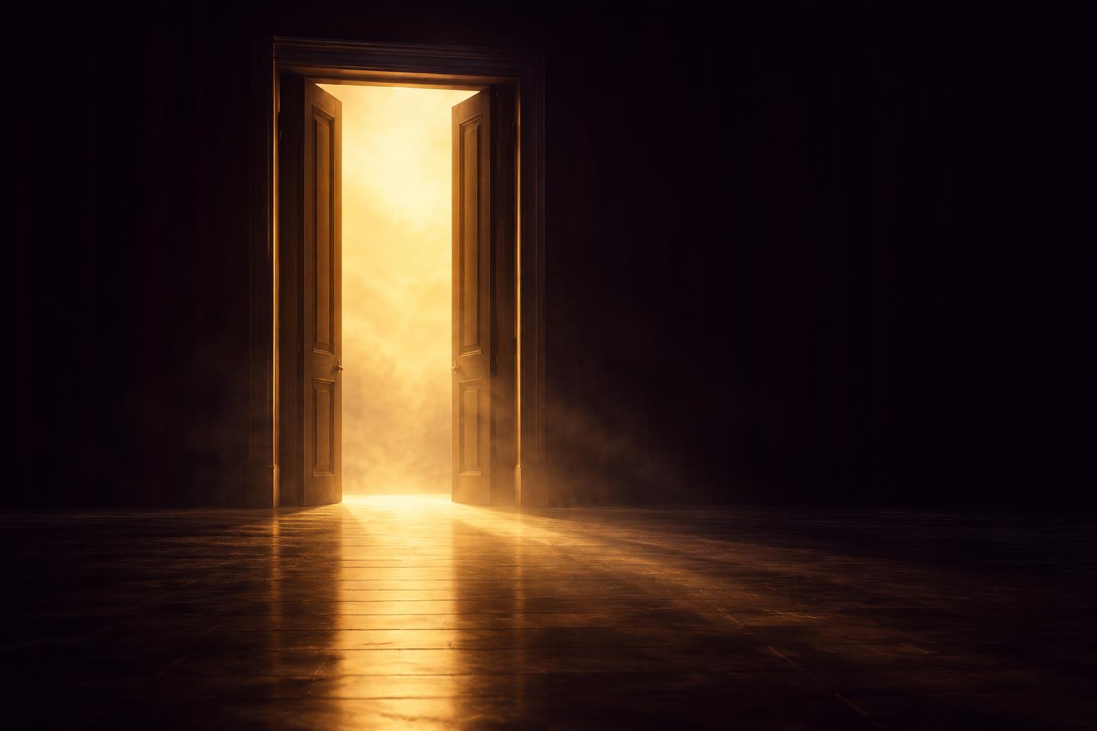 A doorway filled with warm golden light opening onto a dark stage