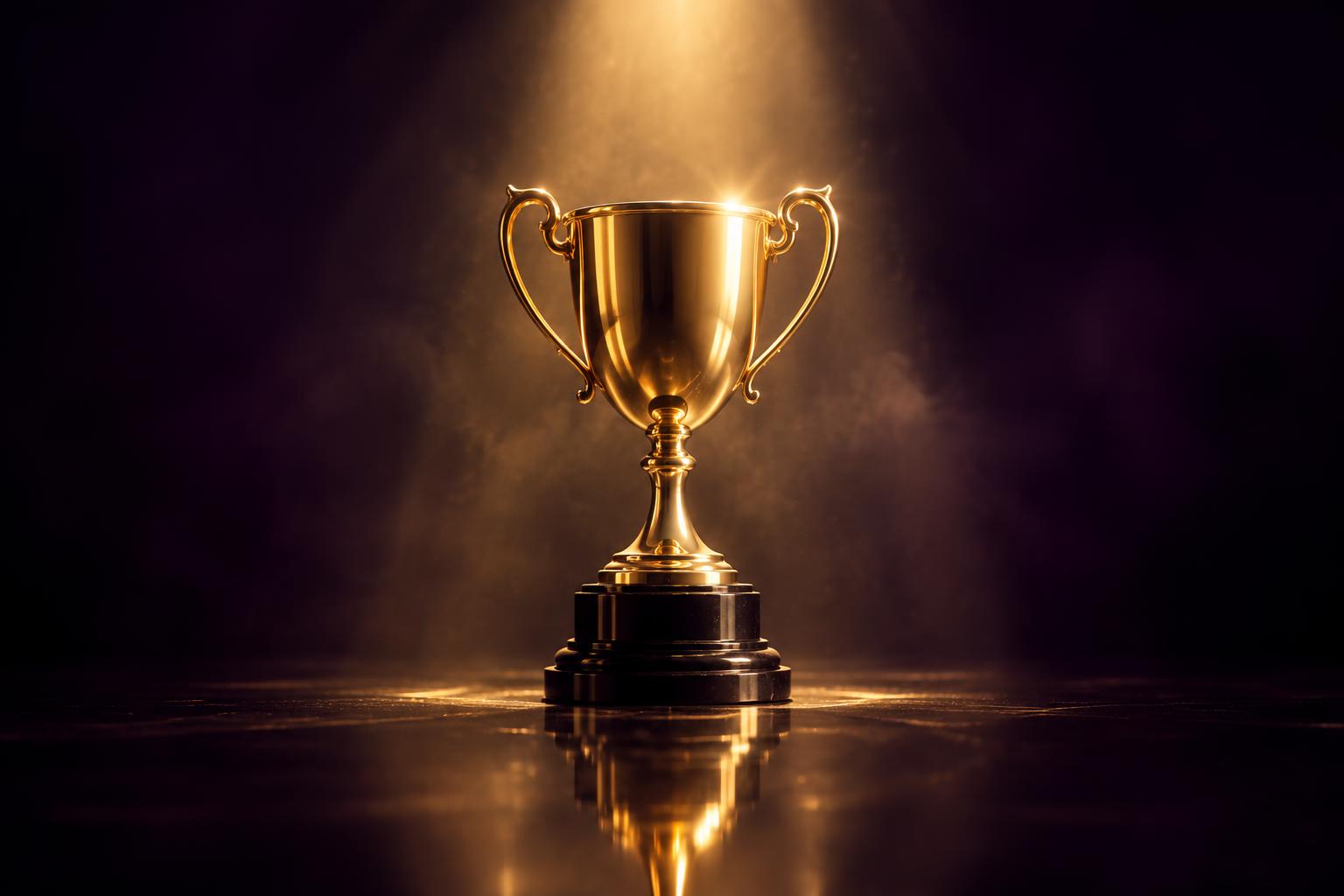 A gold trophy standing on a dark stage under a single golden spotlight