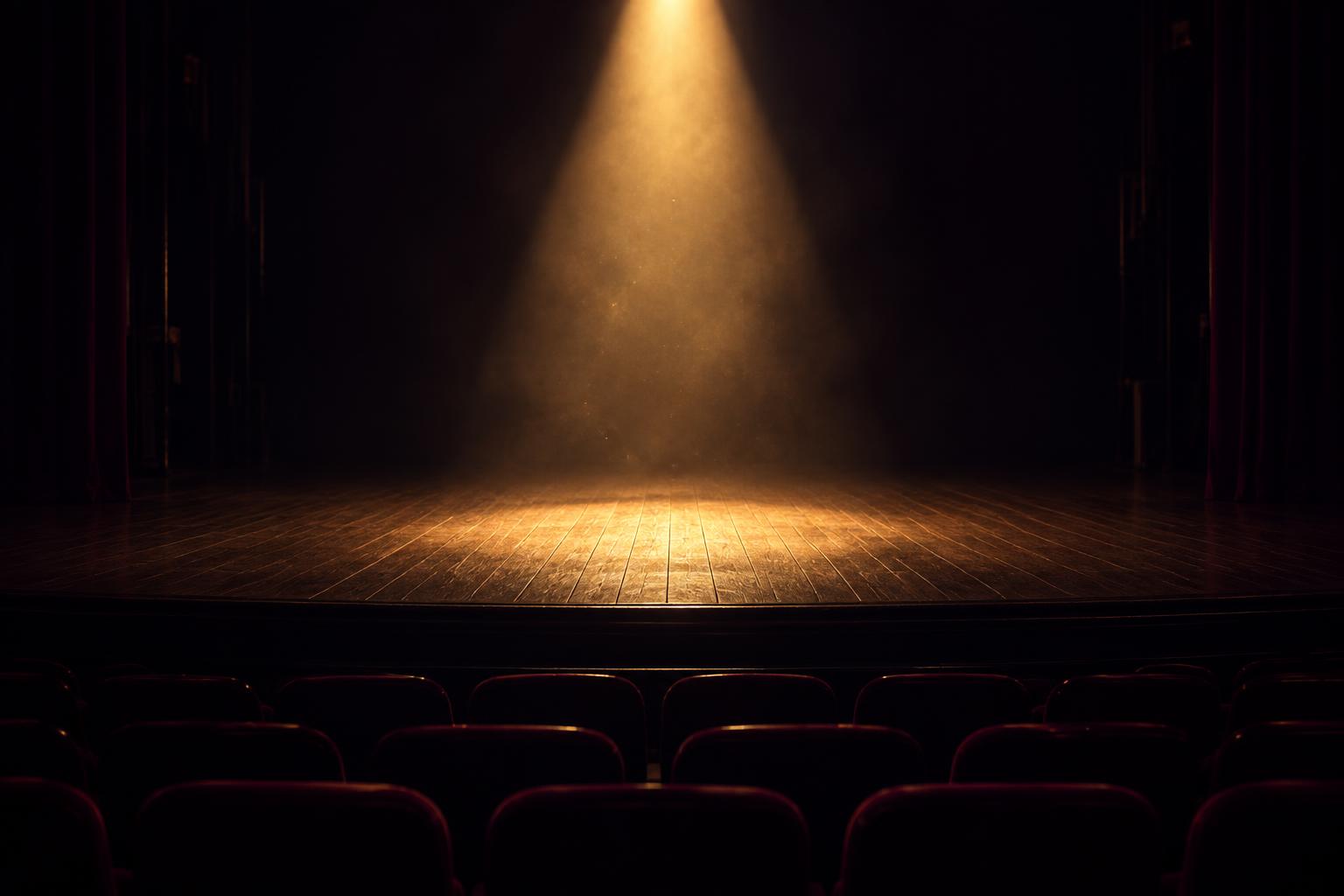 An empty stage lit by a single golden spotlight